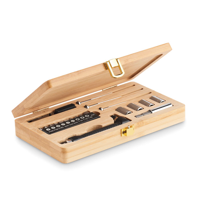 21-piece tool set in bamboo case with your logo