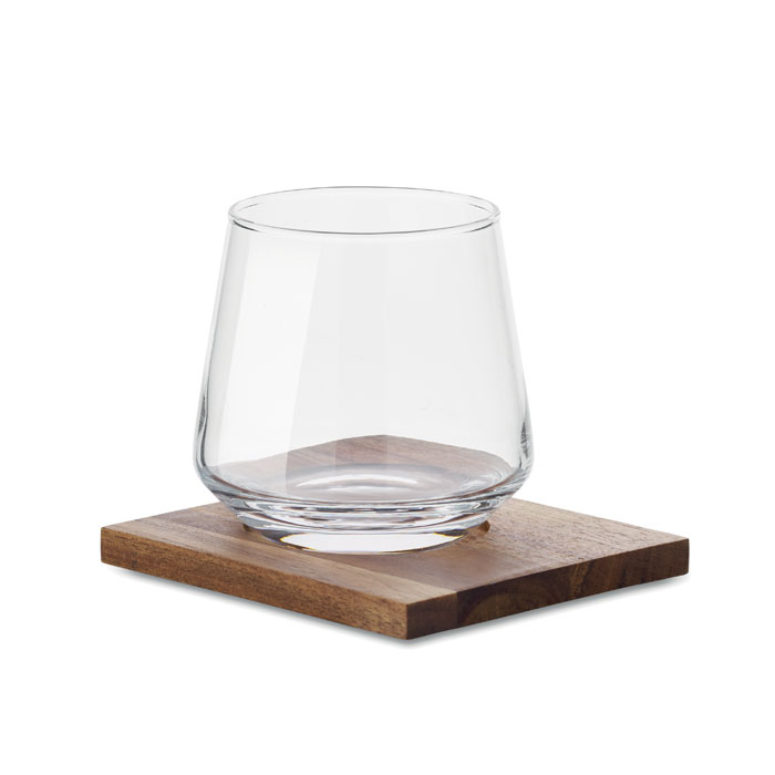 Whisky glass with wooden coaster with logo printing