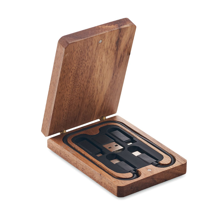 3-in-1 cable set in acacia box with your logo
