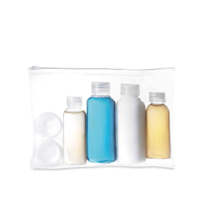 Travelling pouch with bottles with logo printing