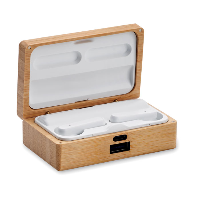 TWS earbuds in bamboo case with your logo
