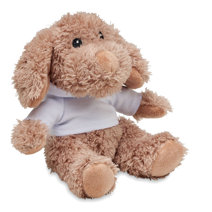 Dog plush wearing a hoodie with your logo