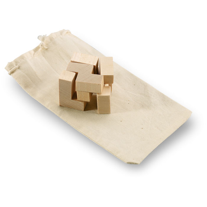 Wooden puzzle in cotton pouch with logo printing