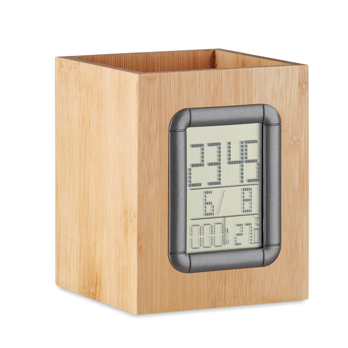 Bamboo pen holder with LCD clock with your logo