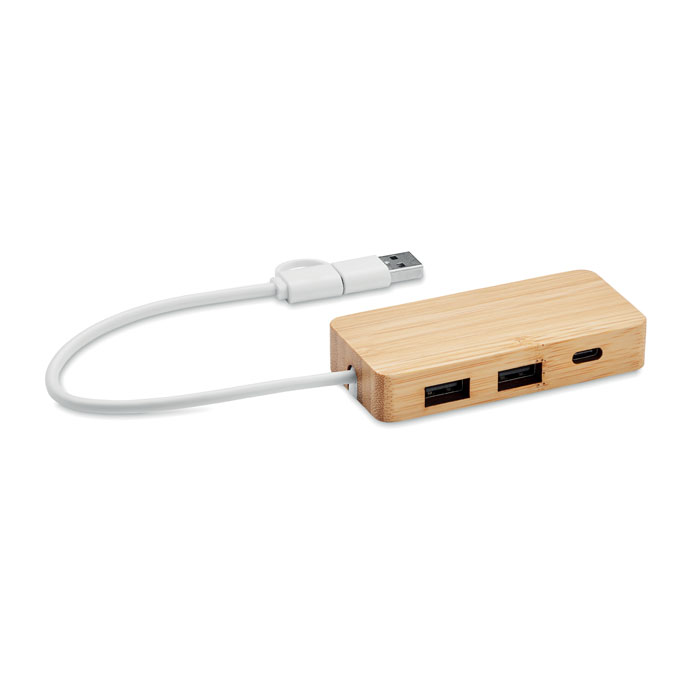 Bamboo 3-port USB hub with your logo