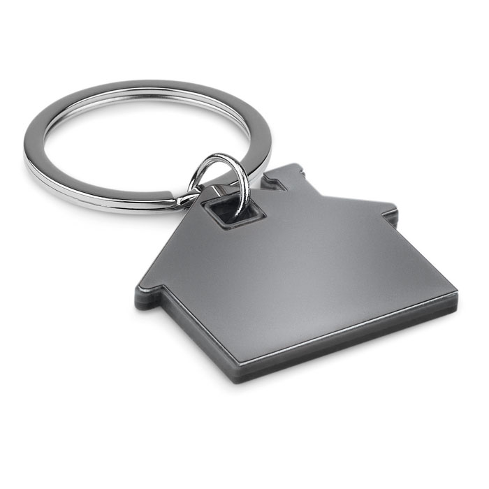 House-shaped key ring in steel and ABS with logo printing