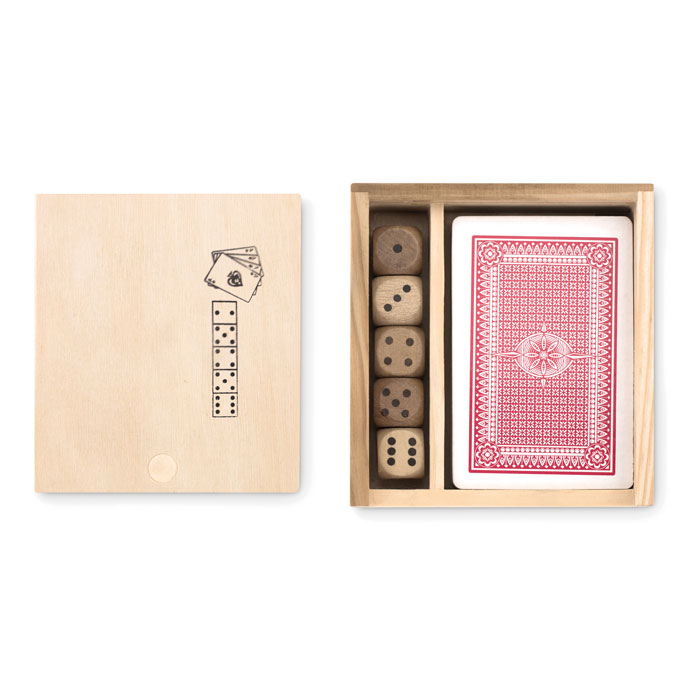Cards and dice in box with logo printing