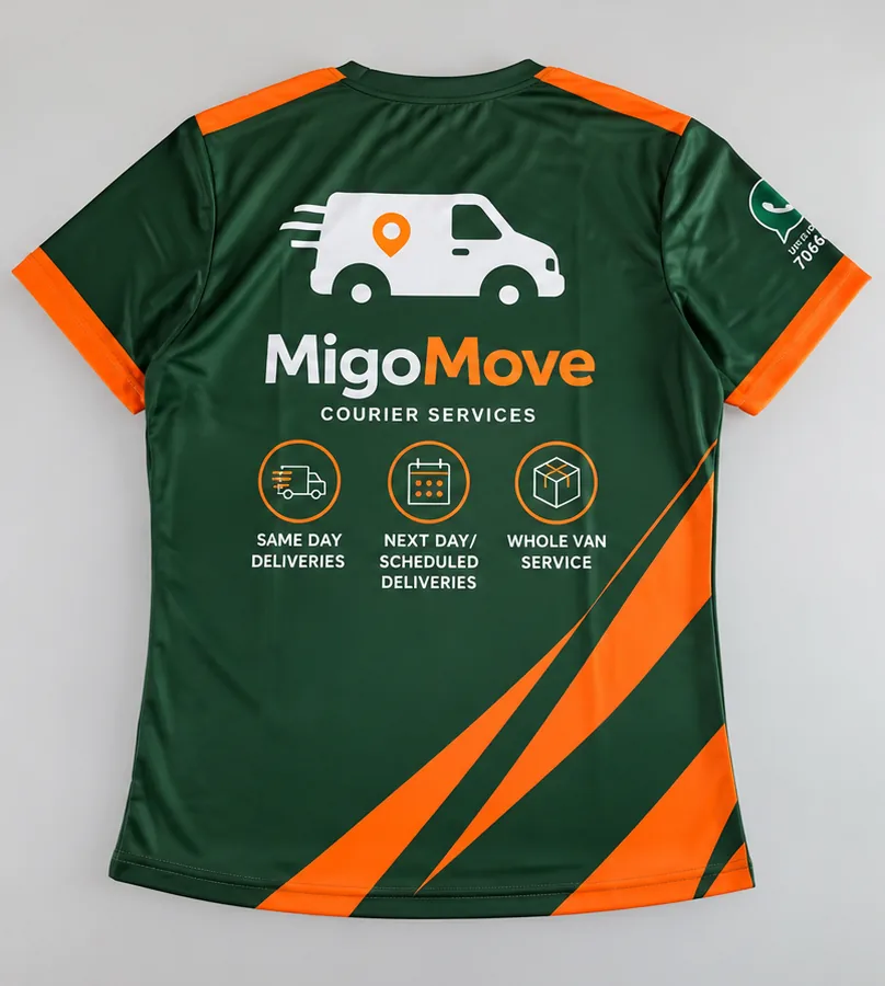 Back of the MigoMove courier t-shirt with logo and services