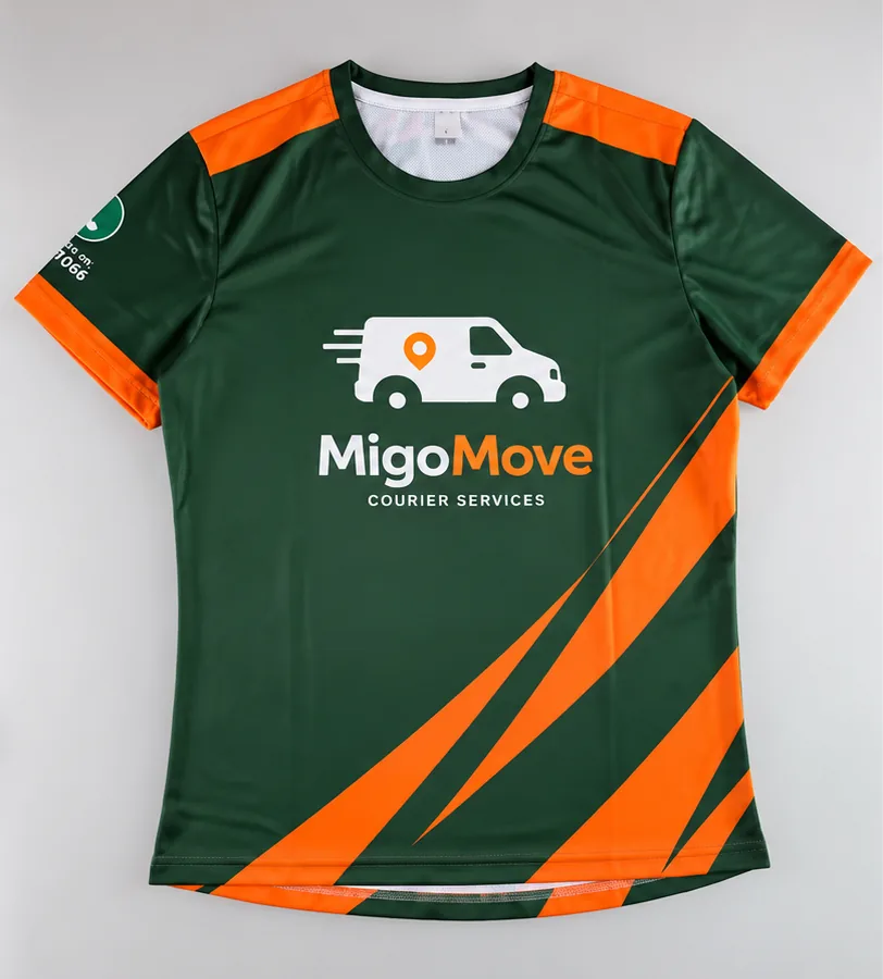 Green and orange full-print courier t-shirt for MigoMove, front